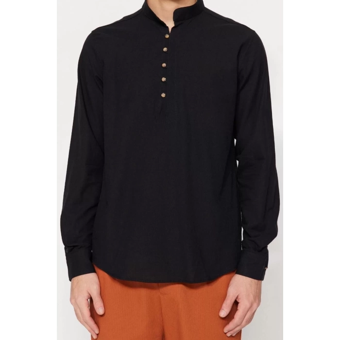 Erkek Moda Uzun Kol Dokuma Koyu Yeşil Slim Fit Yarım Patlı Hakim Yaka %100 Pamuklu Gömlek