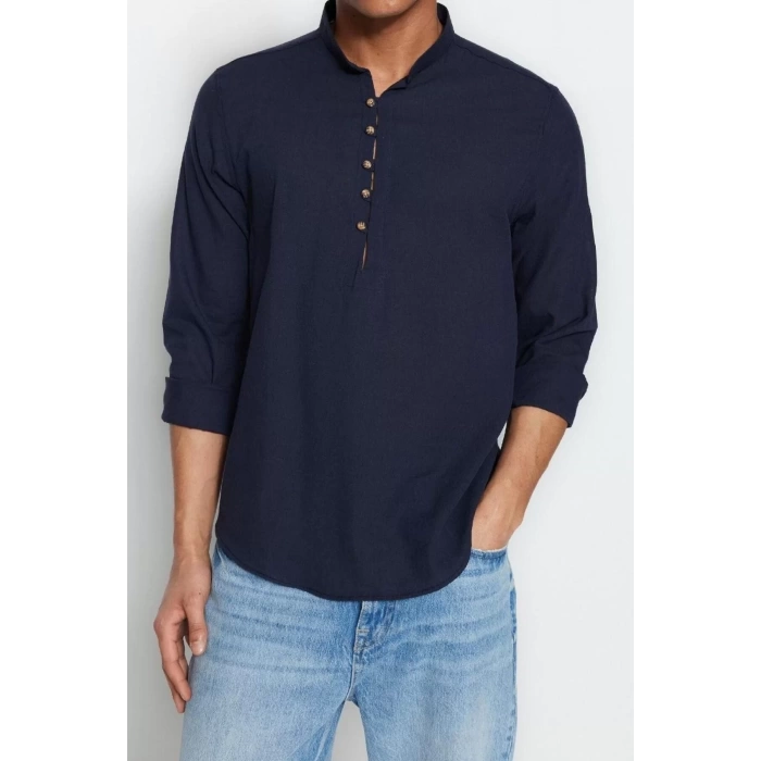 Erkek Moda Uzun Kol Dokuma Koyu Yeşil Slim Fit Yarım Patlı Hakim Yaka %100 Pamuklu Gömlek