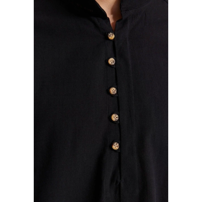 Erkek Moda Uzun Kol Dokuma Koyu Yeşil Slim Fit Yarım Patlı Hakim Yaka %100 Pamuklu Gömlek