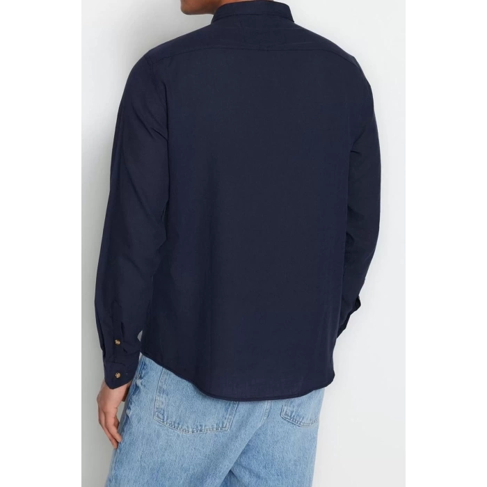Erkek Moda Uzun Kol Dokuma Koyu Yeşil Slim Fit Yarım Patlı Hakim Yaka %100 Pamuklu Gömlek