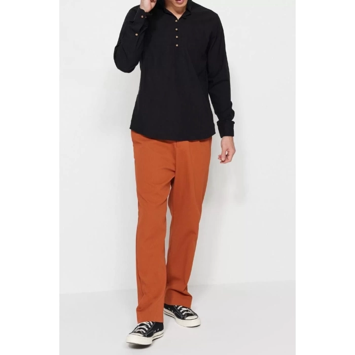 Erkek Moda Uzun Kol Dokuma Koyu Yeşil Slim Fit Yarım Patlı Hakim Yaka %100 Pamuklu Gömlek