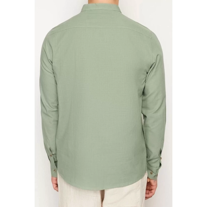 Erkek Moda Uzun Kol Dokuma Koyu Yeşil Slim Fit Yarım Patlı Hakim Yaka %100 Pamuklu Gömlek