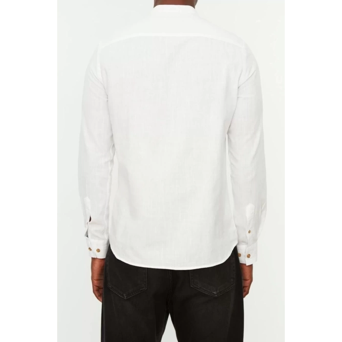 Erkek Moda Uzun Kol Dokuma Koyu Yeşil Slim Fit Yarım Patlı Hakim Yaka %100 Pamuklu Gömlek