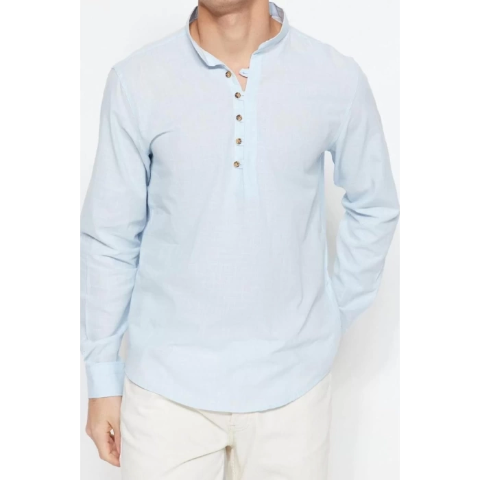 Erkek Moda Uzun Kol Dokuma Koyu Yeşil Slim Fit Yarım Patlı Hakim Yaka %100 Pamuklu Gömlek