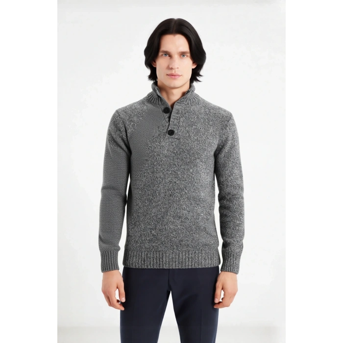 Erkek Modern Düğmeli Dik Yaka Fitted Kalıp Triko Kazak Soğuk Kış Günleri İçin İdeal Şık Seçim