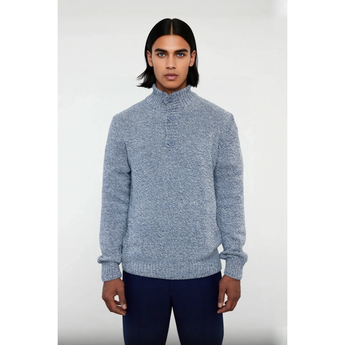 Erkek Modern Düğmeli Dik Yaka Fitted Kalıp Triko Kazak Soğuk Kış Günleri İçin İdeal Şık Seçim