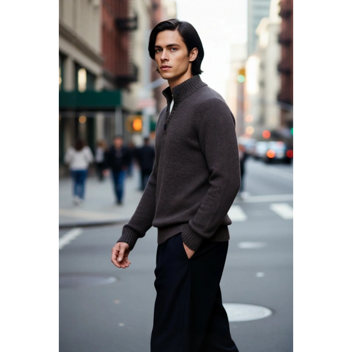 Erkek Modern Düğmeli Dik Yaka Fitted Kalıp Triko Kazak Soğuk Kış Günleri İçin İdeal Şık Seçim