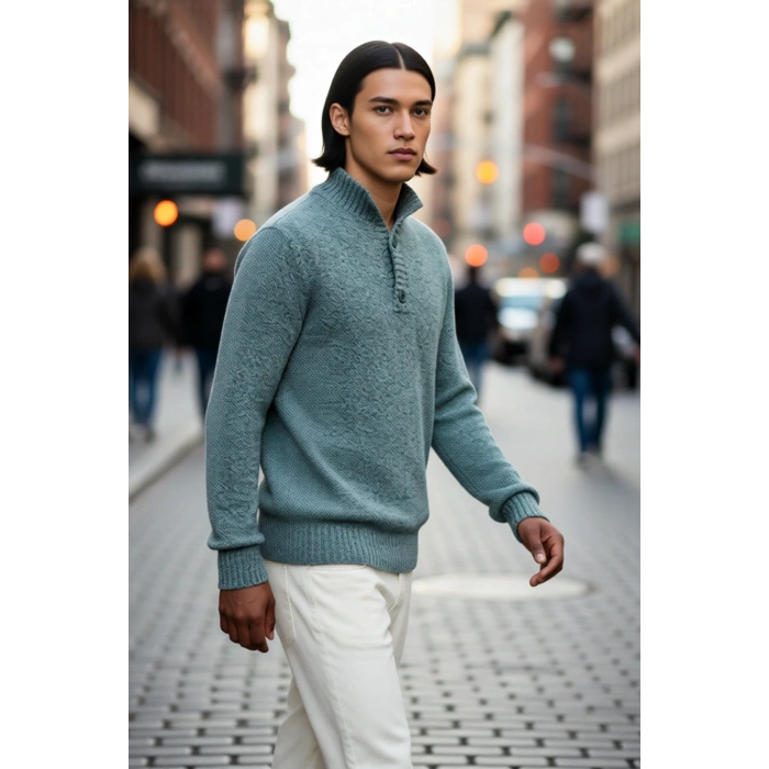 Erkek Modern Düğmeli Dik Yaka Fitted Kalıp Triko Kazak Soğuk Kış Günleri İçin İdeal Şık Seçim