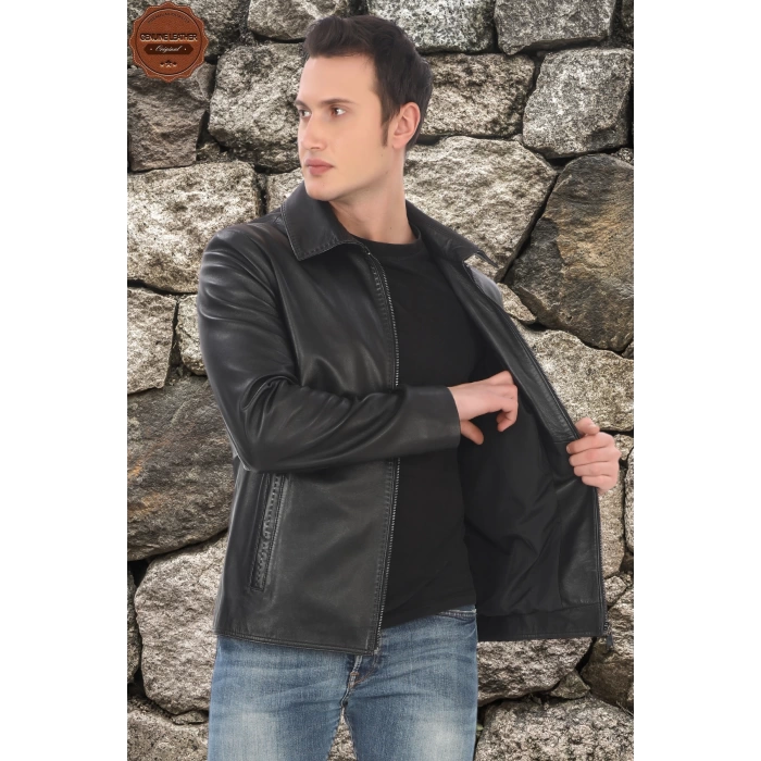 Erkek Modern Günlük Kullanım İçin Derimont Ceket Hakiki Kuzu Derisi Fermuarlı Şık Erkek Model