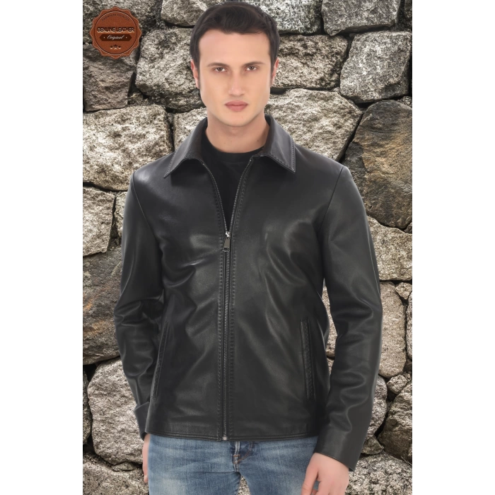 Erkek Modern Günlük Kullanım İçin Derimont Ceket Hakiki Kuzu Derisi Fermuarlı Şık Erkek Model