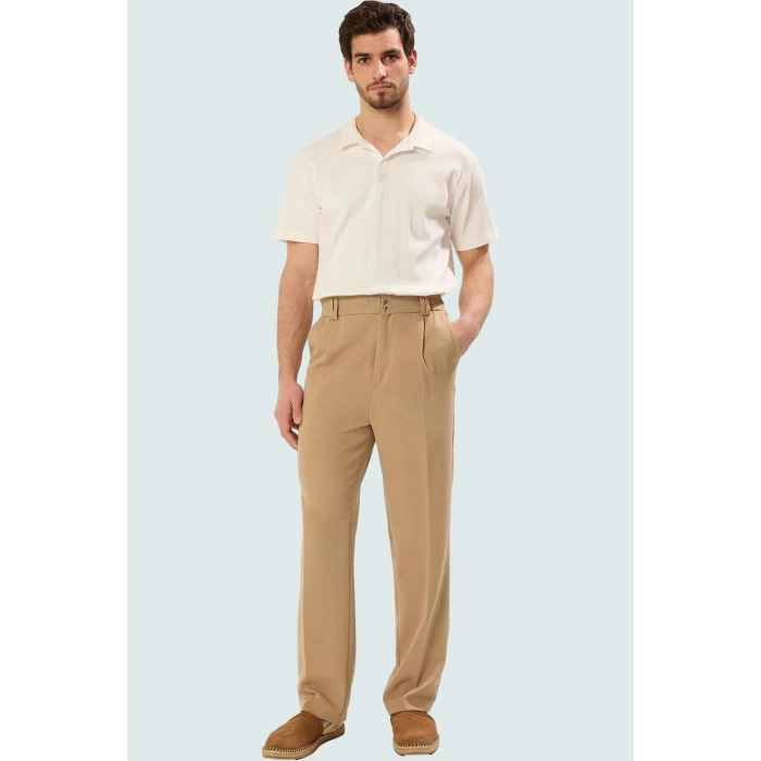 Erkek Normal Bel Geniş Paça Pantolon Rahat Kalıp Finike Dokuma Casual Stil Günlük Kullanım