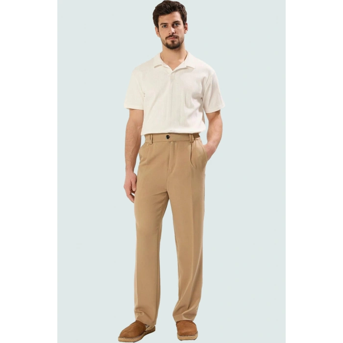Erkek Normal Bel Geniş Paça Pantolon Rahat Kalıp Finike Dokuma Casual Stil Günlük Kullanım