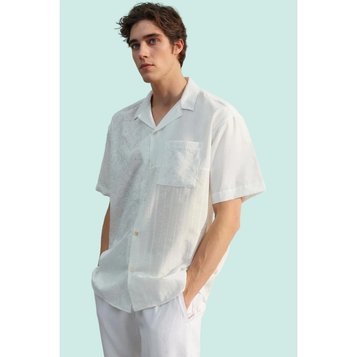 Erkek Oversize Apaş Yaka Brode Gömlek Geometrik Desen Yazlık Günlük Kullanım Modern Tasarım