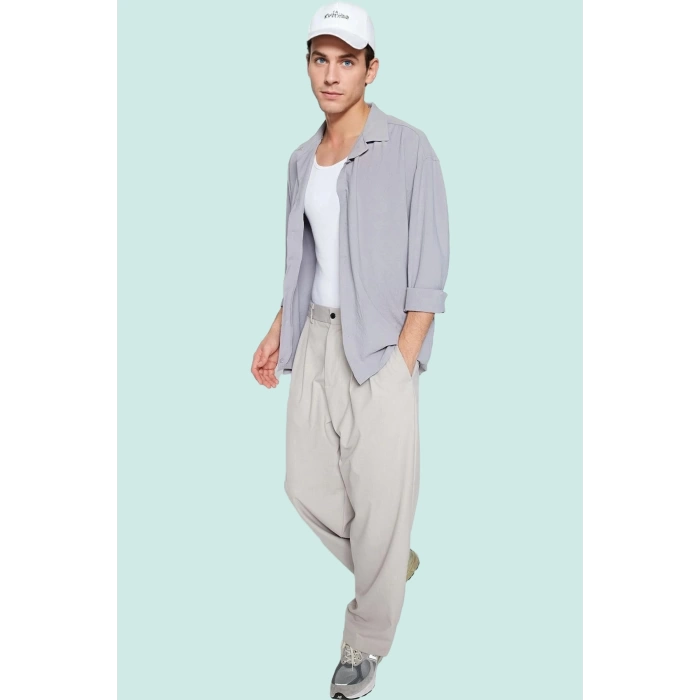 Erkek Oversize Apaş Yaka Uzun Kollu Gömlek Basic Siluet Günlük Kullanım Yaz Aylarının Vazgeçilmezi