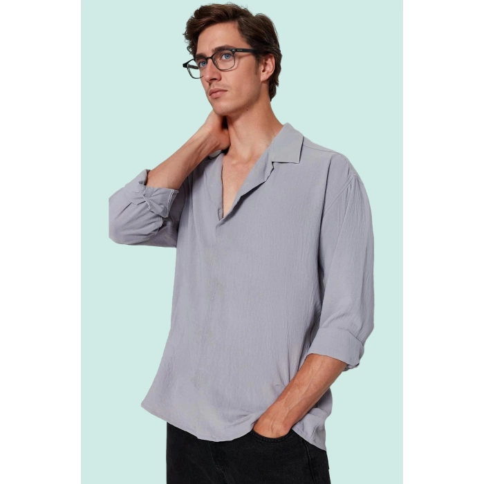 Erkek Oversize Apaş Yaka Uzun Kollu Gömlek Basic Siluet Günlük Kullanım Yaz Aylarının Vazgeçilmezi