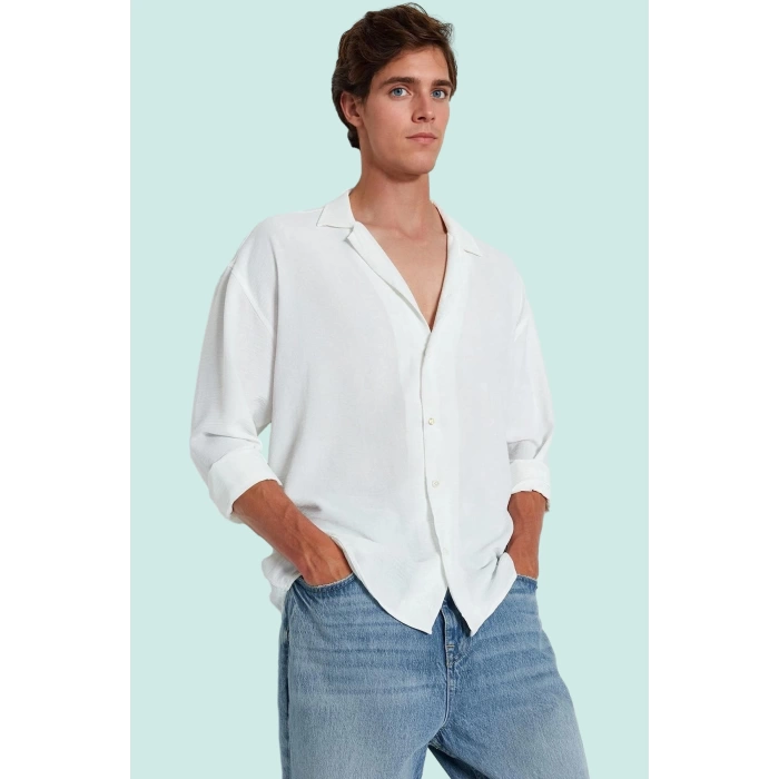 Erkek Oversize Apaş Yaka Uzun Kollu Gömlek Basic Siluet Günlük Kullanım Yaz Aylarının Vazgeçilmezi