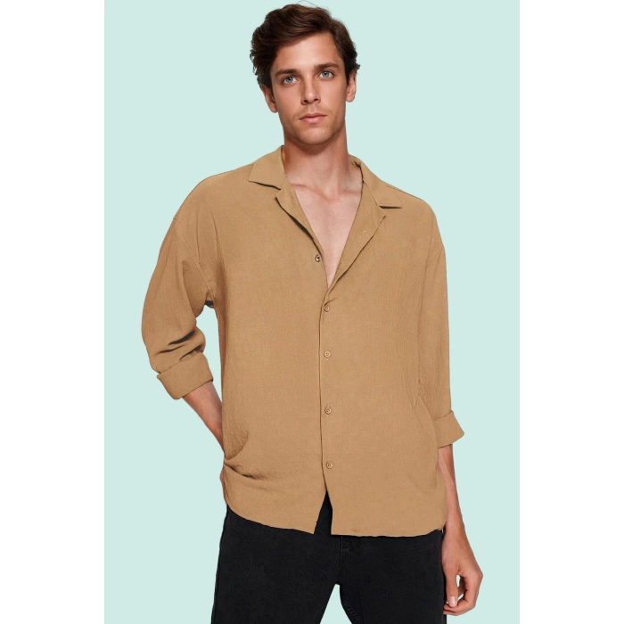 Erkek Oversize Apaş Yaka Uzun Kollu Gömlek Basic Siluet Günlük Kullanım Yaz Aylarının Vazgeçilmezi