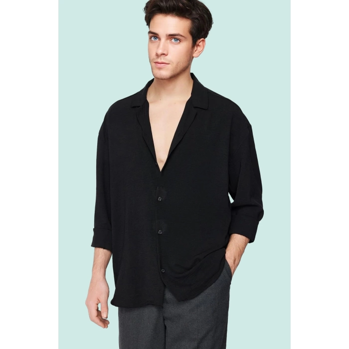 Erkek Oversize Apaş Yaka Uzun Kollu Gömlek Basic Siluet Günlük Kullanım Yaz Aylarının Vazgeçilmezi