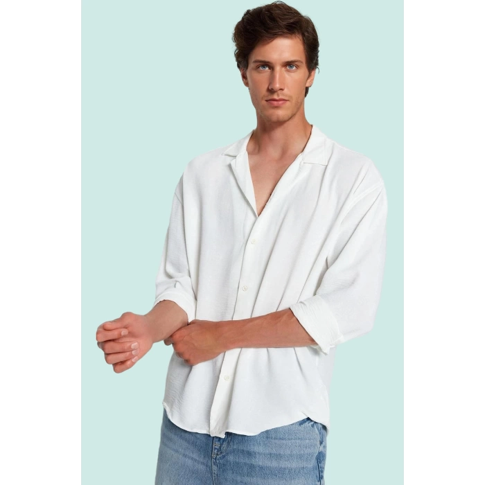 Erkek Oversize Apaş Yaka Uzun Kollu Gömlek Basic Siluet Günlük Kullanım Yaz Aylarının Vazgeçilmezi