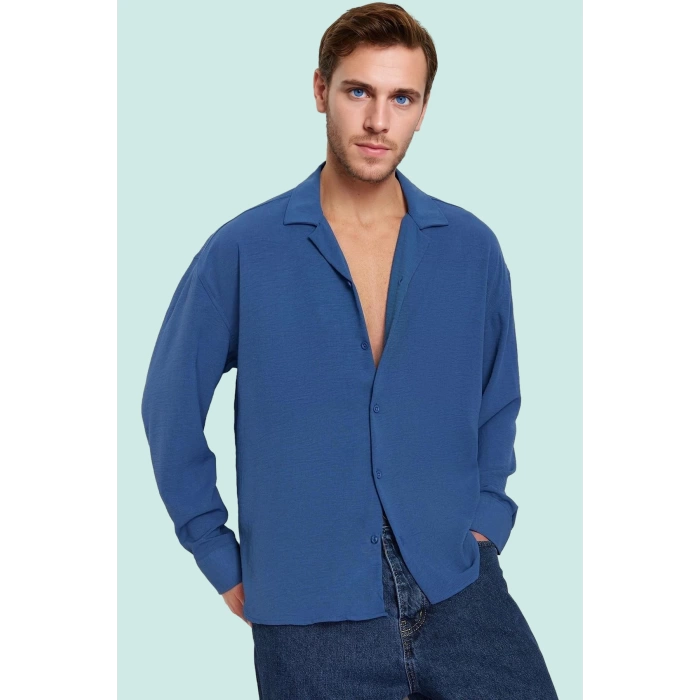 Erkek Oversize Apaş Yaka Uzun Kollu Gömlek Basic Siluet Günlük Kullanım Yaz Aylarının Vazgeçilmezi