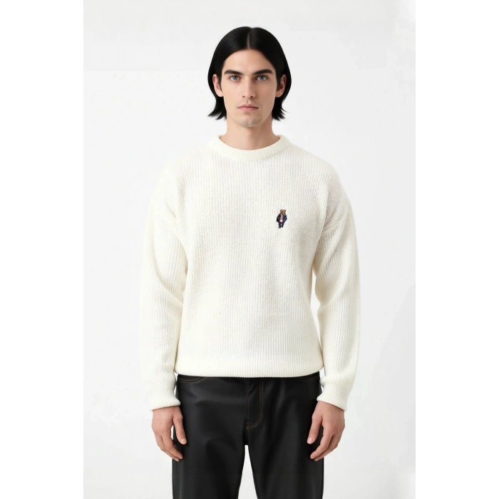 Erkek Oversize Bisiklet Yaka Ayı Nakışlı Selanik Dokuma Uzun Kollu Kışlık Triko Kazak Kaliteli