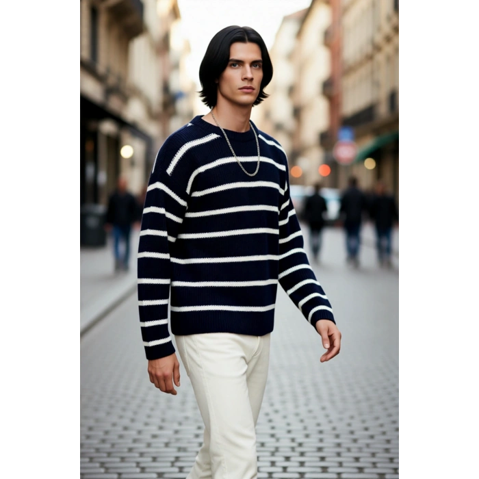 Erkek Oversize Bisiklet Yaka Çizgili Selanik Dokuma Kalın Akrilik Kışlık Kazak Konforlu Stil