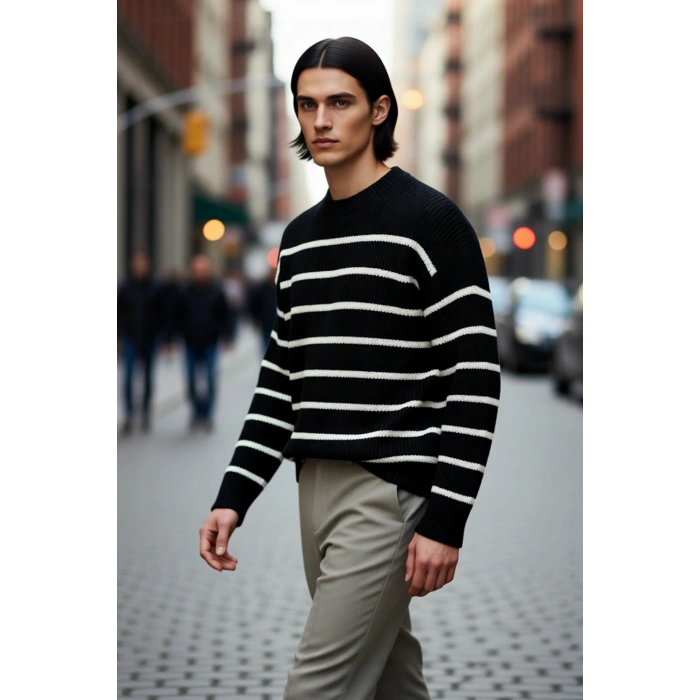 Erkek Oversize Bisiklet Yaka Çizgili Selanik Dokuma Kalın Akrilik Kışlık Kazak Konforlu Stil