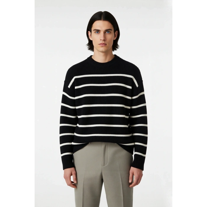 Erkek Oversize Bisiklet Yaka Çizgili Selanik Dokuma Kalın Akrilik Kışlık Kazak Konforlu Stil