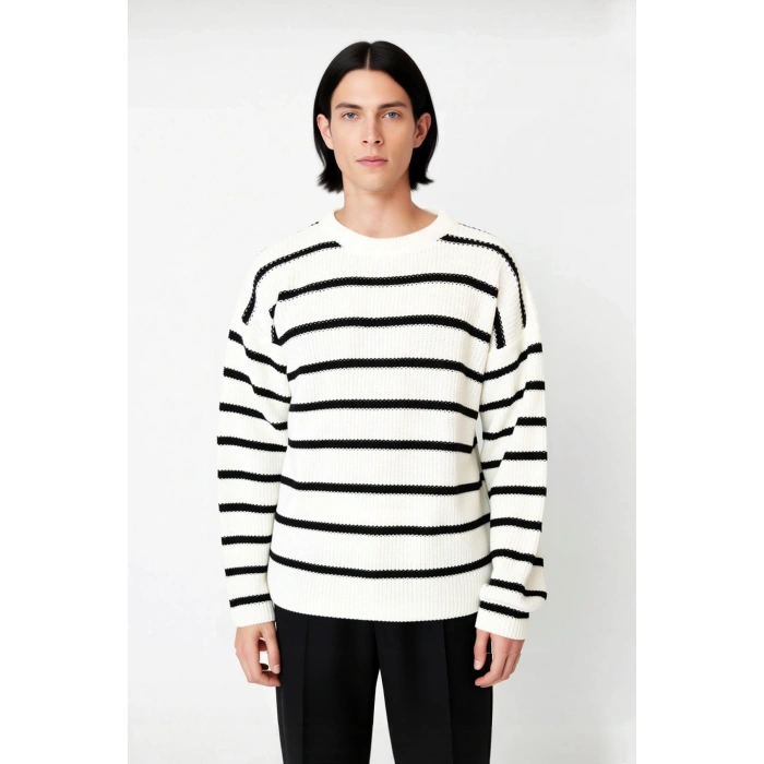 Erkek Oversize Bisiklet Yaka Çizgili Selanik Dokuma Kalın Akrilik Kışlık Kazak Konforlu Stil