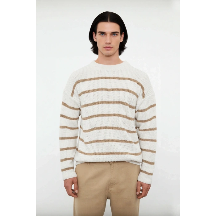 Erkek Oversize Bisiklet Yaka Çizgili Selanik Dokuma Kalın Akrilik Kışlık Kazak Konforlu Stil