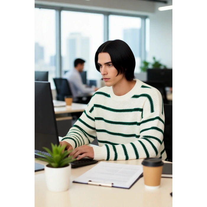 Erkek Oversize Bisiklet Yaka Çizgili Selanik Dokuma Kalın Akrilik Kışlık Kazak Konforlu Stil