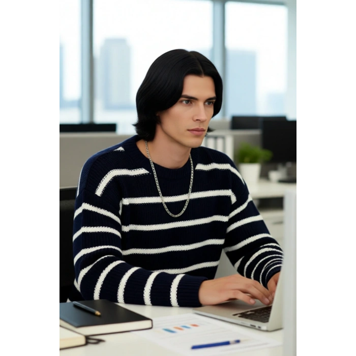 Erkek Oversize Bisiklet Yaka Çizgili Selanik Dokuma Kalın Akrilik Kışlık Kazak Konforlu Stil