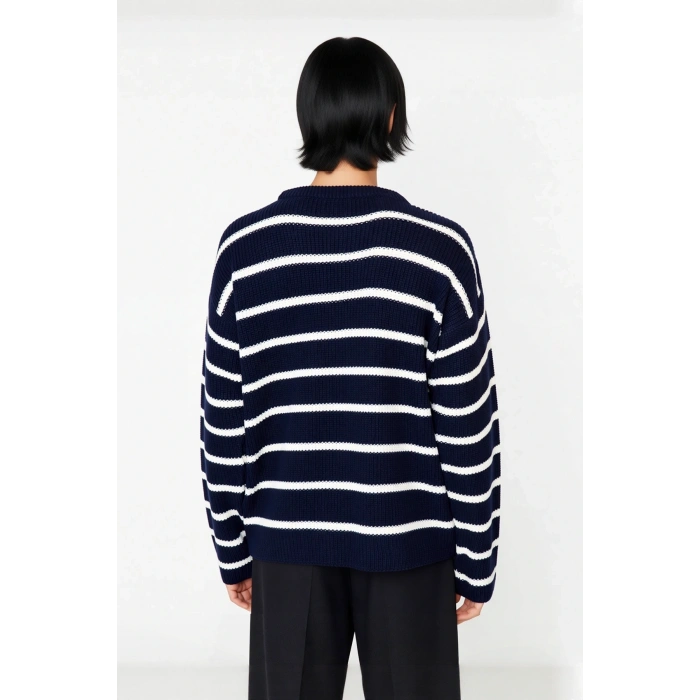 Erkek Oversize Bisiklet Yaka Çizgili Selanik Dokuma Kalın Akrilik Kışlık Kazak Konforlu Stil