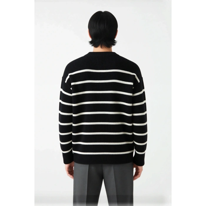 Erkek Oversize Bisiklet Yaka Çizgili Selanik Dokuma Kalın Akrilik Kışlık Kazak Konforlu Stil