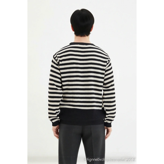 Erkek Oversize Bisiklet Yaka Çizgili Triko Kazak Fitilli Dokuma Uzun Kollu Basic Rahat Kesim