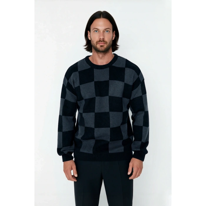 Erkek Oversize Bisiklet Yaka Ekose Desenli Kalın Triko Kazak Soğuk Havalarda Konforlu ve Şık