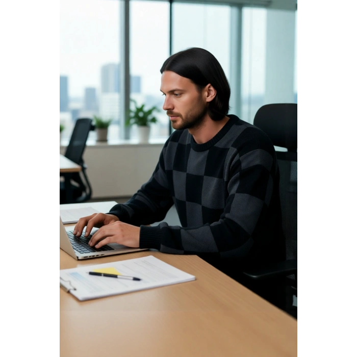 Erkek Oversize Bisiklet Yaka Ekose Desenli Kalın Triko Kazak Soğuk Havalarda Konforlu ve Şık