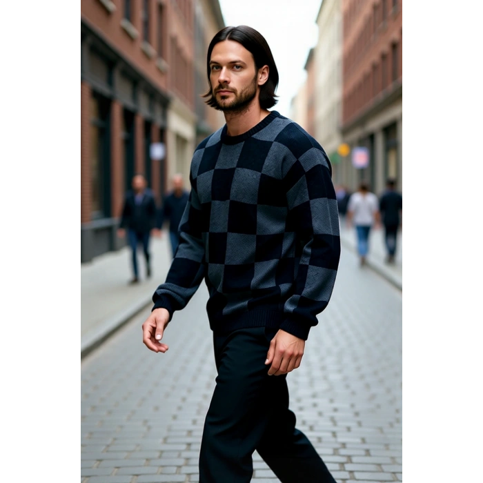 Erkek Oversize Bisiklet Yaka Ekose Kareli Triko Kazak Kışlık Kalın Yapısıyla Günlük Şıklık Sunar