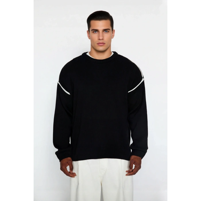 Erkek Oversize Fit Geniş Kalıp Bisiklet Yaka Düşük Kol Biye Detaylı Triko Kazak Günlük Şıklık