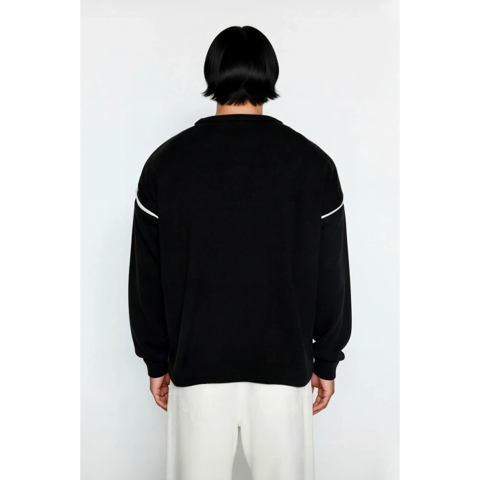 Erkek Oversize Fit Geniş Kalıp Bisiklet Yaka Düşük Kol Biye Detaylı Triko Kazak Günlük Şıklık