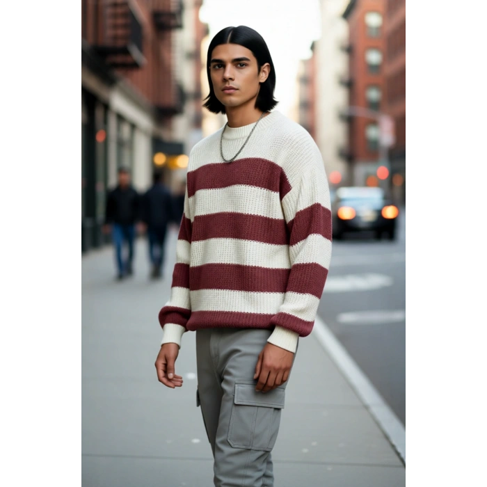 Erkek Oversize Geniş Kalıp Bisiklet Yaka Çizgili Akrilik Triko Kazak Soğuk Kış Günleri İçin İdeal