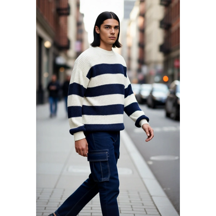 Erkek Oversize Geniş Kalıp Bisiklet Yaka Çizgili Akrilik Triko Kazak Soğuk Kış Günleri İçin İdeal