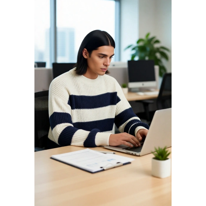 Erkek Oversize Geniş Kalıp Bisiklet Yaka Çizgili Akrilik Triko Kazak Soğuk Kış Günleri İçin İdeal