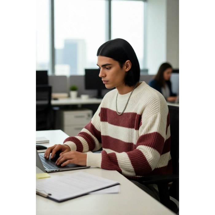 Erkek Oversize Geniş Kalıp Bisiklet Yaka Çizgili Akrilik Triko Kazak Soğuk Kış Günleri İçin İdeal