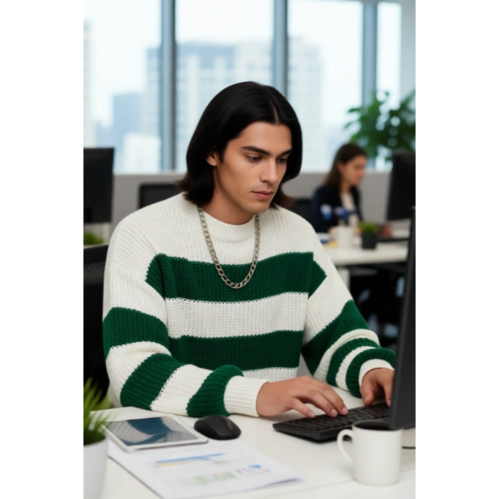 Erkek Oversize Geniş Kalıp Bisiklet Yaka Çizgili Akrilik Triko Kazak Soğuk Kış Günleri İçin İdeal