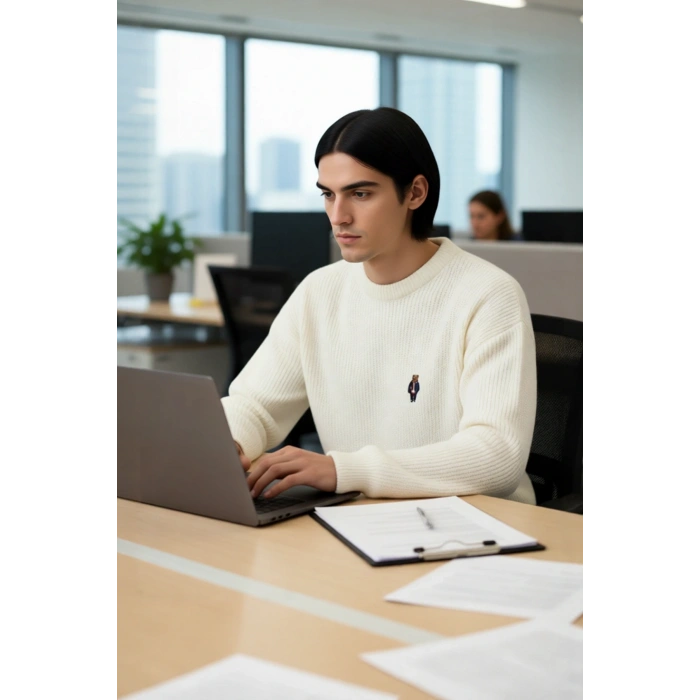 Erkek Oversize Geniş Kesim Bisiklet Yaka Ayı Nakışlı Selanik Dokuma Uzun Kol Kazak Kaliteli