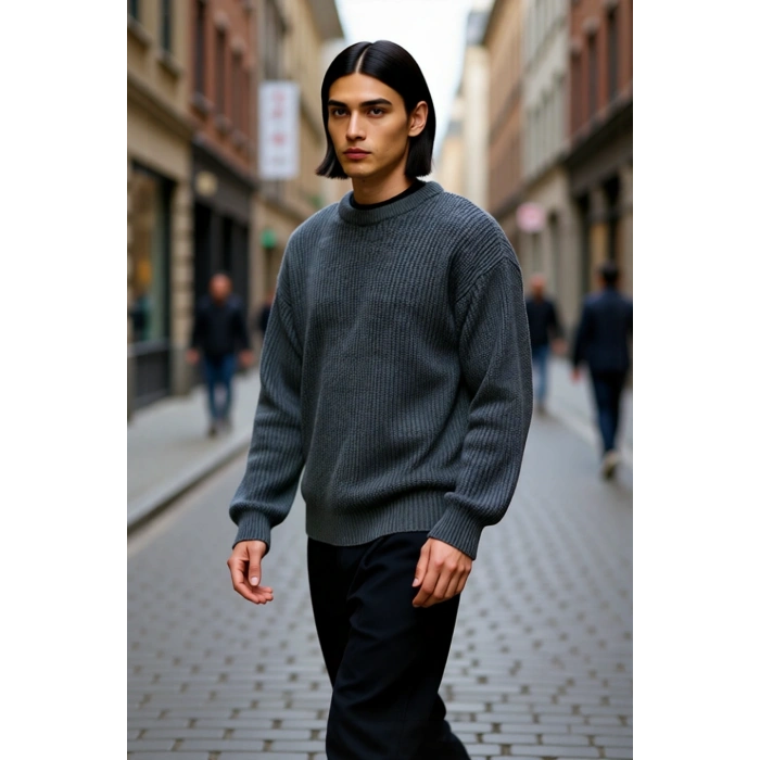 Erkek Oversize Kalıp Bisiklet Yaka Basic Selanik Dokulu Kalın Triko Kazak Kışlık Günlük Giyim İçin