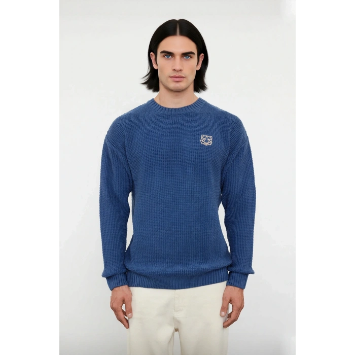 Erkek Oversize Kalıp Bisiklet Yaka Sargı Nakışlı Triko Kazak Günlük Kombinler İçin İdealdir