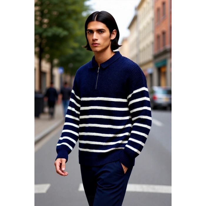 Erkek Oversize Kalıp Lacivert Çizgili Polo Yaka Triko Kazak Kışlık Rahat Selanik Dokuma Akrilik