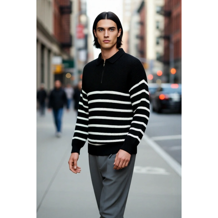 Erkek Oversize Kalıp Lacivert Çizgili Polo Yaka Triko Kazak Kışlık Rahat Selanik Dokuma Akrilik